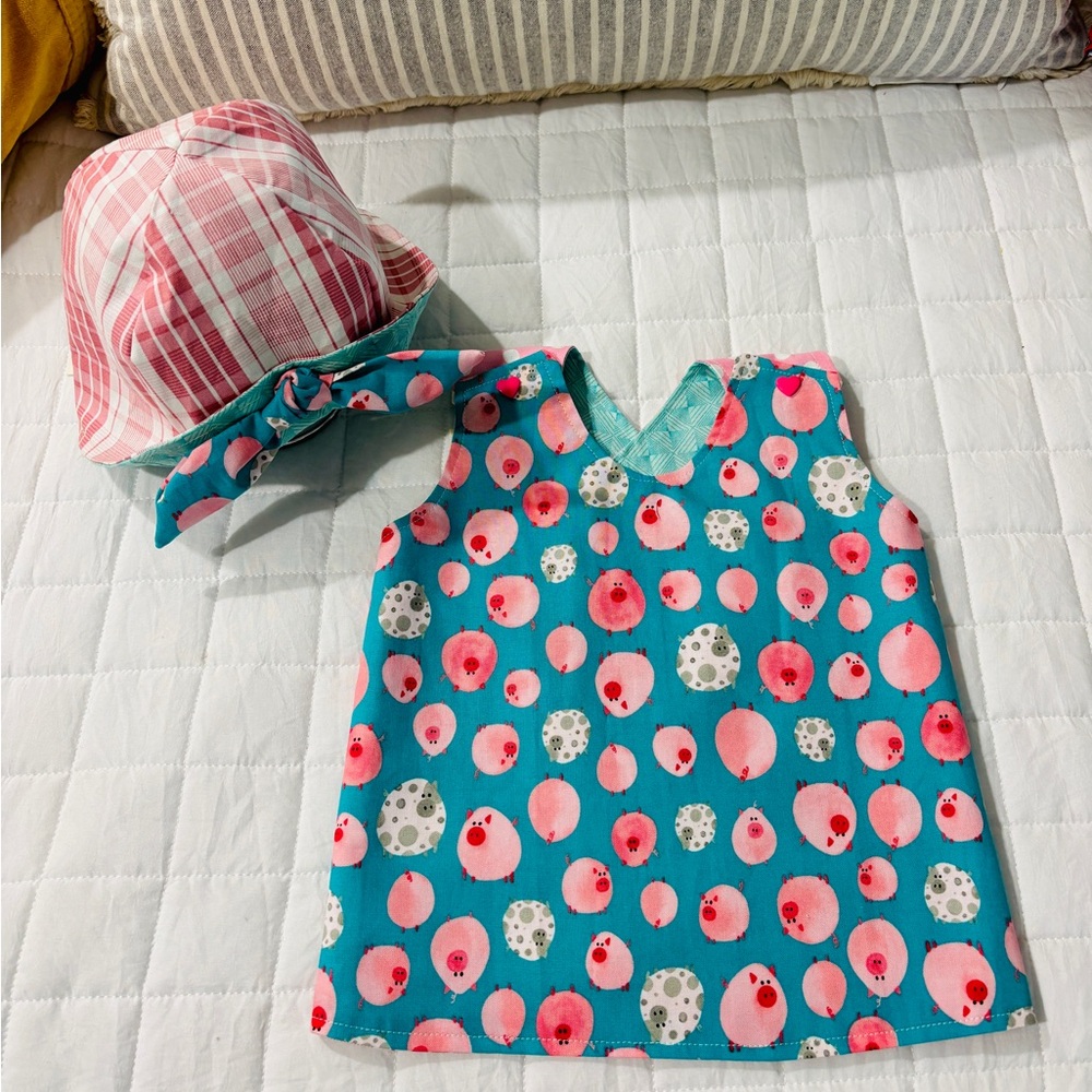 Hand Crafted Reversible Blue and Pink Casual Dress with Floral Pattern
